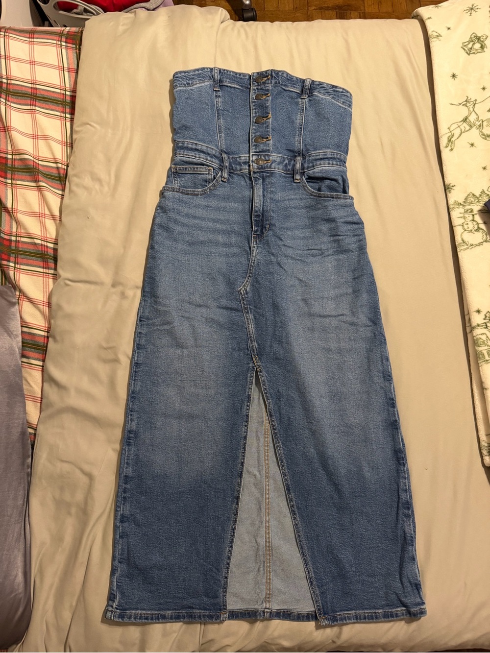 High Rise Corset Waist Button Front Denim Maxi Skirt